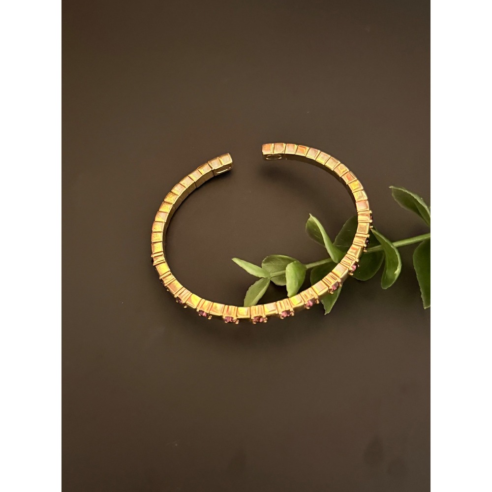 Vintage Joan Rivers Gold Tone Purple Rhinestone Ribbed Cuff Bracelet - Picture 10 of 12